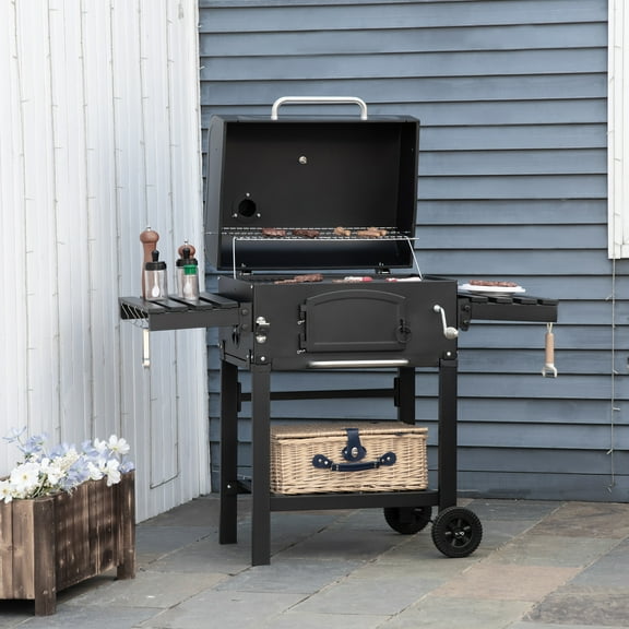 Outsunny 26" Charcoal Grill with Side Table, Bottom Shelf and Adjustable Height