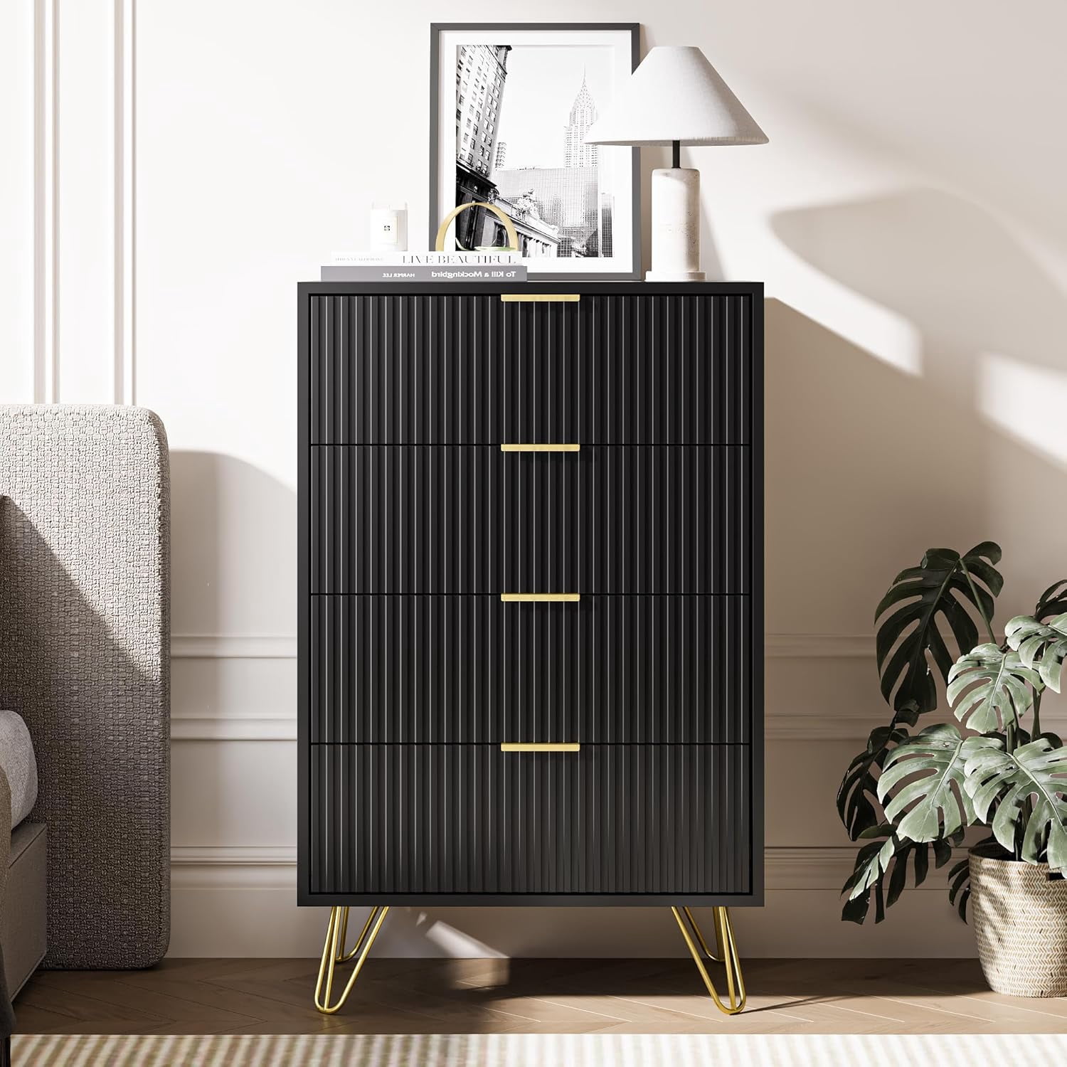 FURNIWAY Black 4 Drawer Dresser with Gold Handles, Fluted Wood Chest Nightstand for Bedroom, Living Room, Entryway