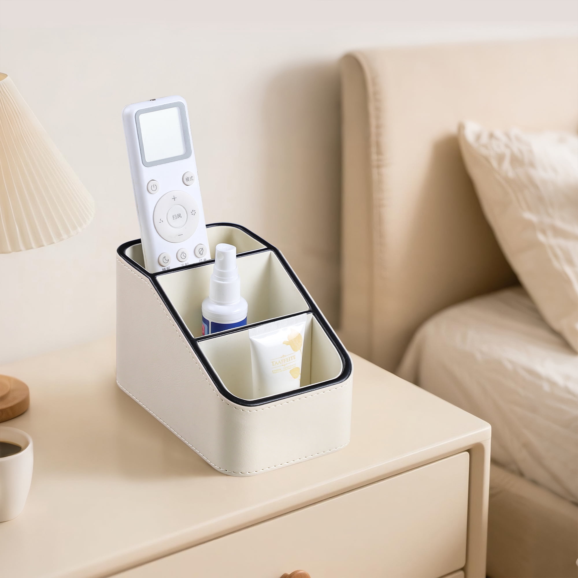 PU Leather Remote Control Holder, Small Desk Organizer Office Supply Bedside Caddy for Nightstand End Table Couch, Pen Remote Organizer with 3 Compartments (Cream)
