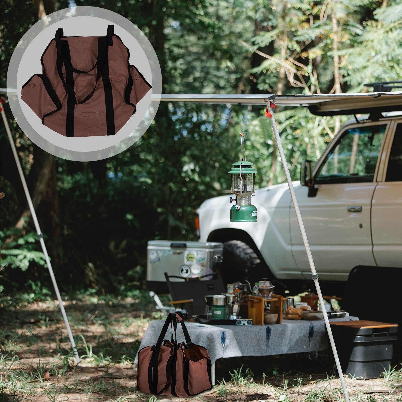 FONDOTIN Brown Canvas Firewood Storage Bag with Comfortable Hand Strap Portable Foldable Tote for Camping and Outdoor Use