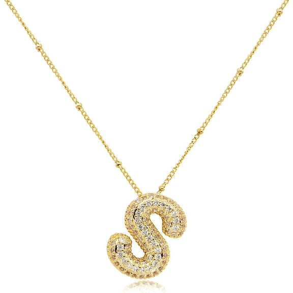 Gold Bubble Initial Letter Necklace For Women,Puffy Alphabet Name Pendant Necklace For Personalized Gifts,Trendy Balloon Chain Zircon Crystal Necklace[o2527]