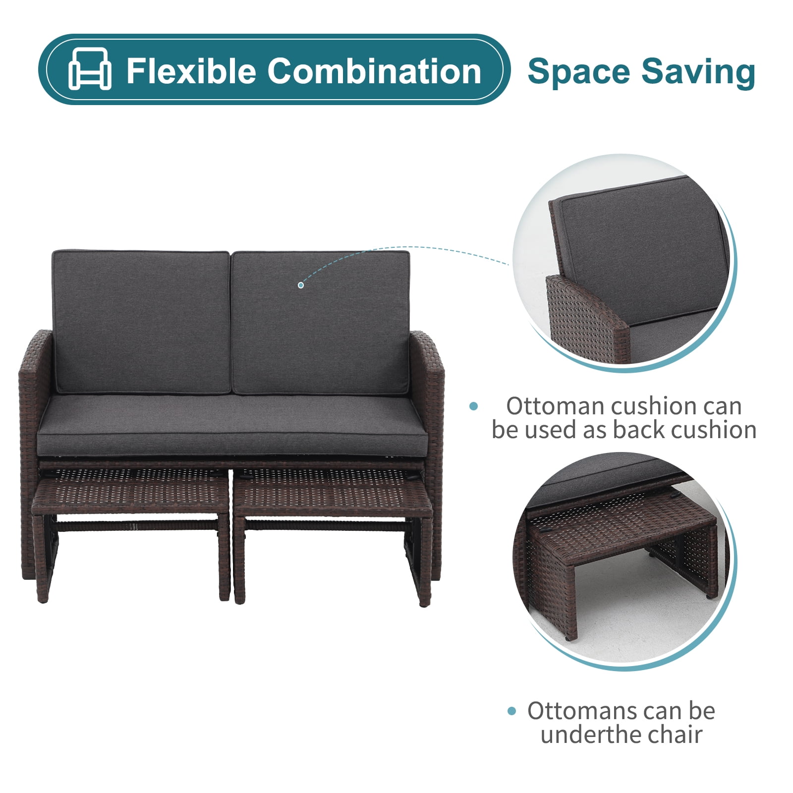 JOIVI 3-Piece Wicker Love Seat and Coffee Table Set, Outdoor Furniture Set with Loveseat and 2 Ottoman, Brown Rattan, Dark Gray Cushion
