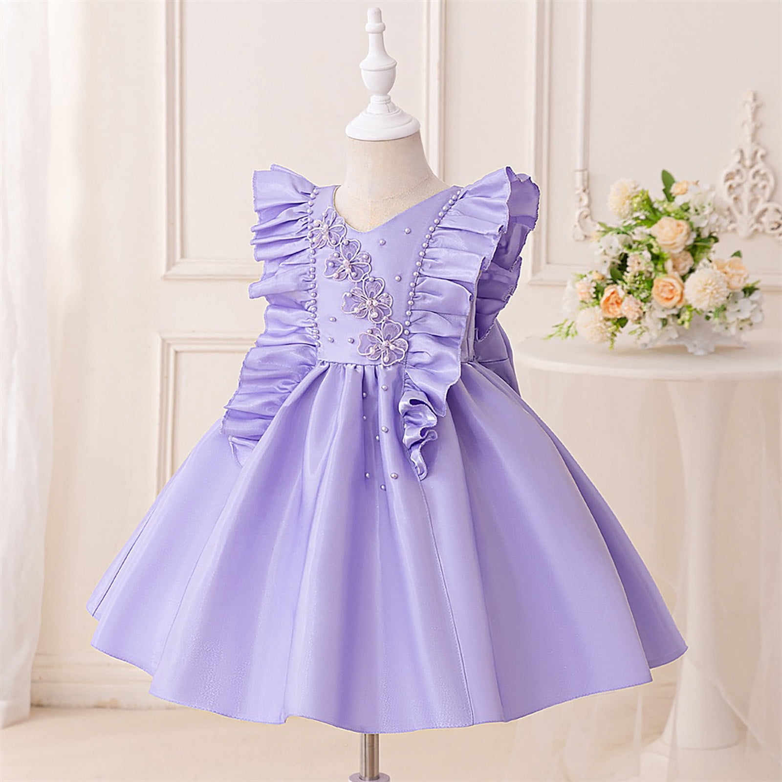 Wdgfv Girls Flutter Sleeve Beaded Dress Casual Party Wear Toddler Kids School Outdoor Comfortable Stylish Outfit Purple 3-4 Years
