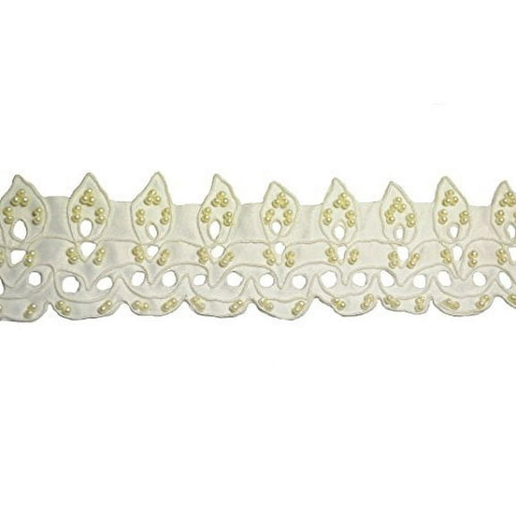 Altotux 2" Ivory Pink Satin Bridal Pearl Beaded Corded Lace Trim Cut Out by Yard (Ivory)