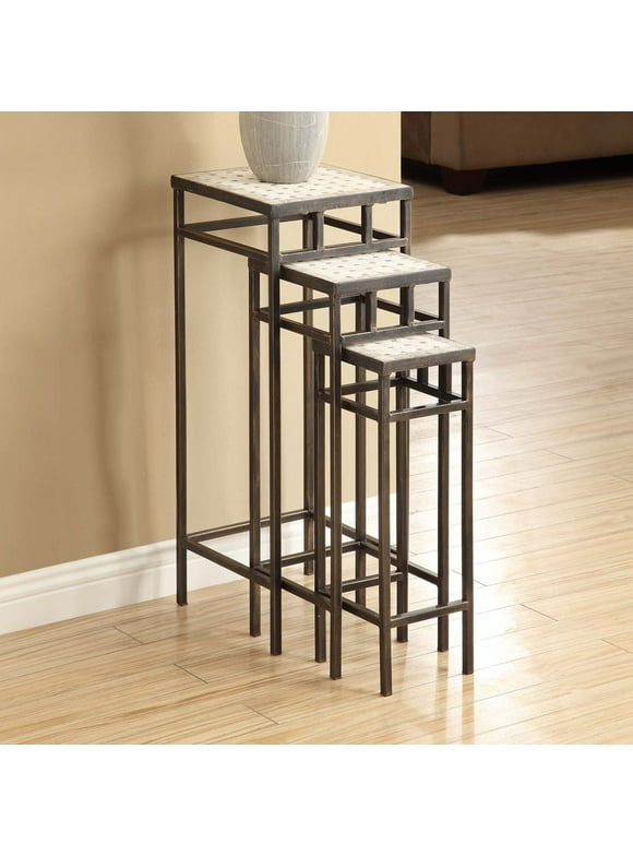 4D Concepts 3 Piece Slate Square Plant Stands w/ Travertine Tops in Antique Tuscany Metal