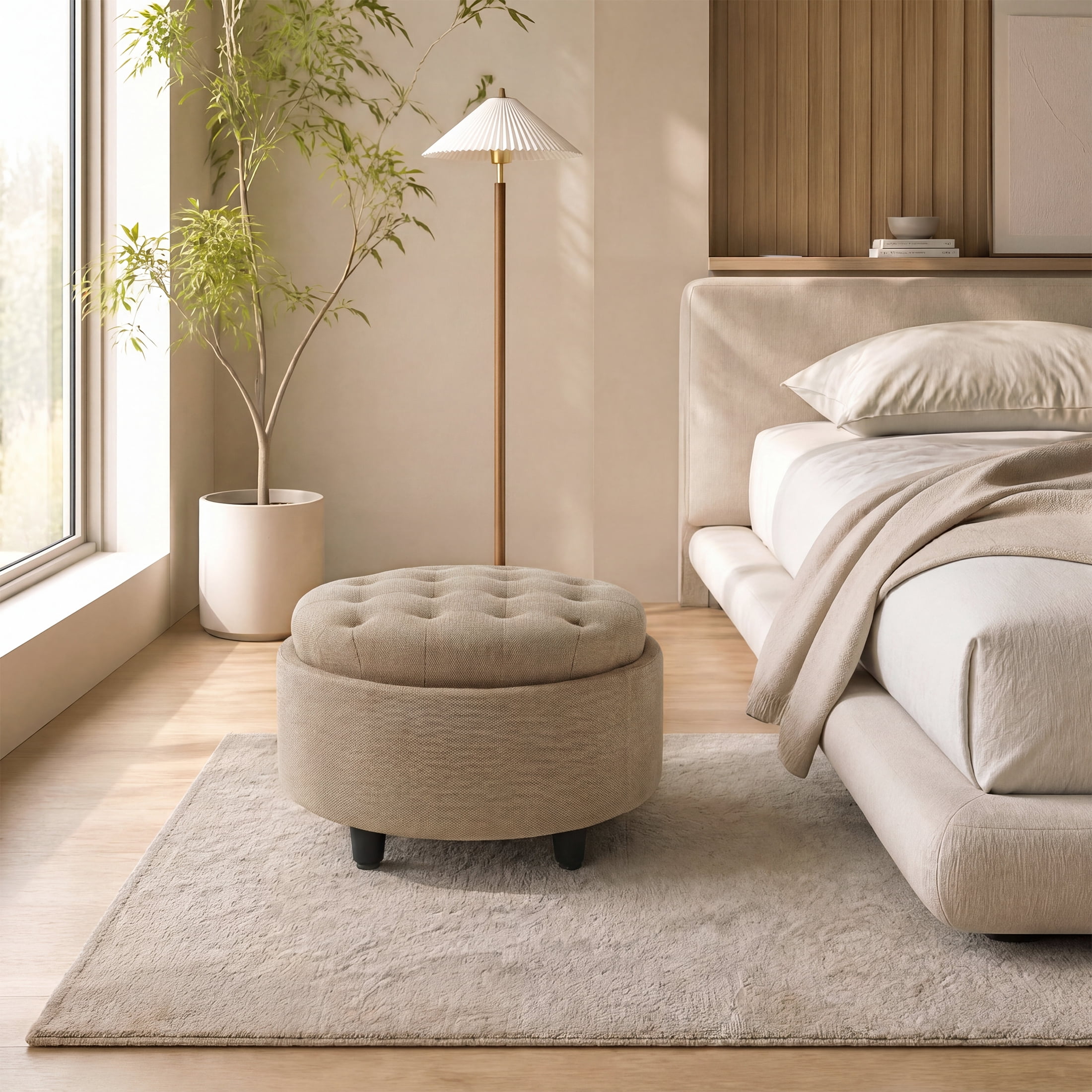 Camel Round Ottoman with Storage and Reversible Tray, Upholstered Fabric Footrest Coffee Table for Living Room, Bedroom, Entryway-25 Inch