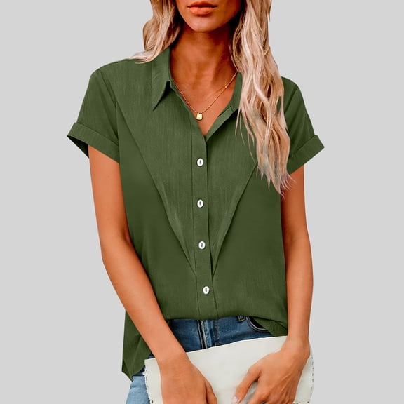 Homenesgenics Tops for Women Plus Size Collared Short-Sleeve Cotton-Linen Blend Button-Up Shirt for Spring/Summer Green XXXXL