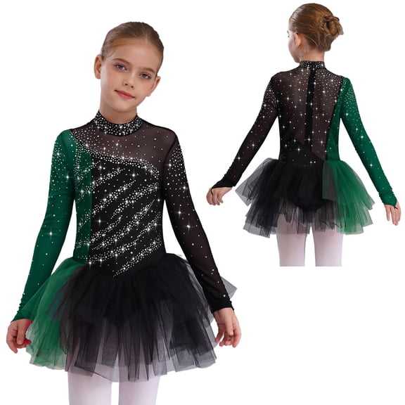 Sholeno Kids Girls Sparkly Figure Skating Dress Long Sleeve Ballet Tutu Leotard Contemporary Dance Dress Black Green 16