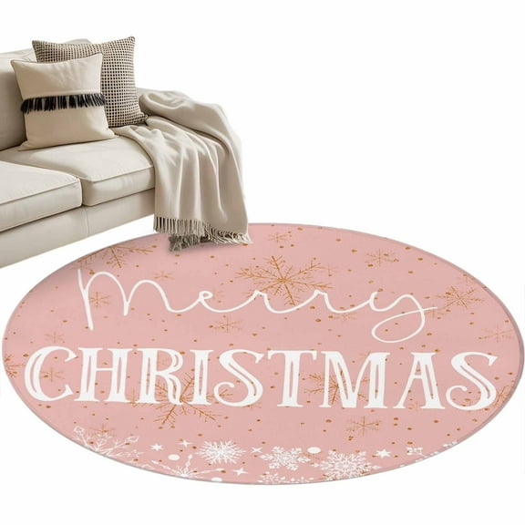 Pink Merry Christmas Round Area Rug 4 FT, Non Slip Indoor Outdoor Rug, Xmas Winter Snowflake Yellow Pink Washable Soft Circular Carpet Non-Shedding Floor Mat for Coffee Table Nursery Foyer Balcony
