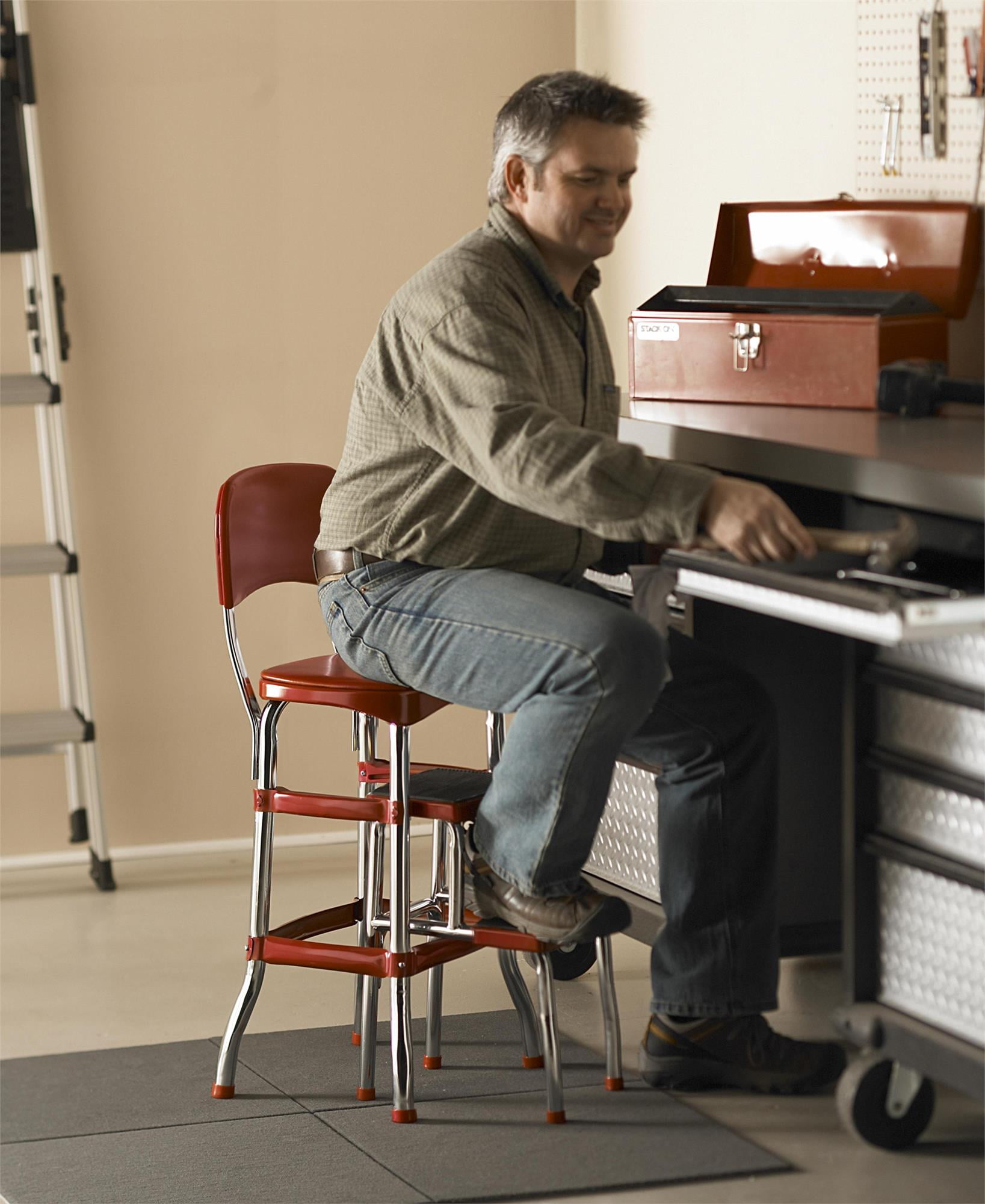 COSCO Stylaire Retro Chair + 2-Step Steel Step Stool w/ Pull-Out Steps, Red