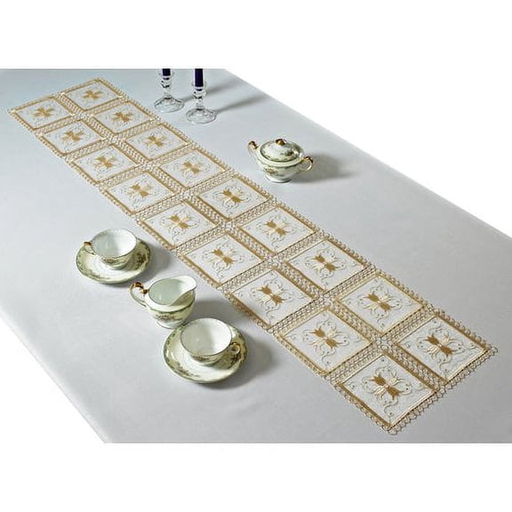 Blossom Embroidered Vintage Lace Design Table Runners, Gold, 14x54 Inches
