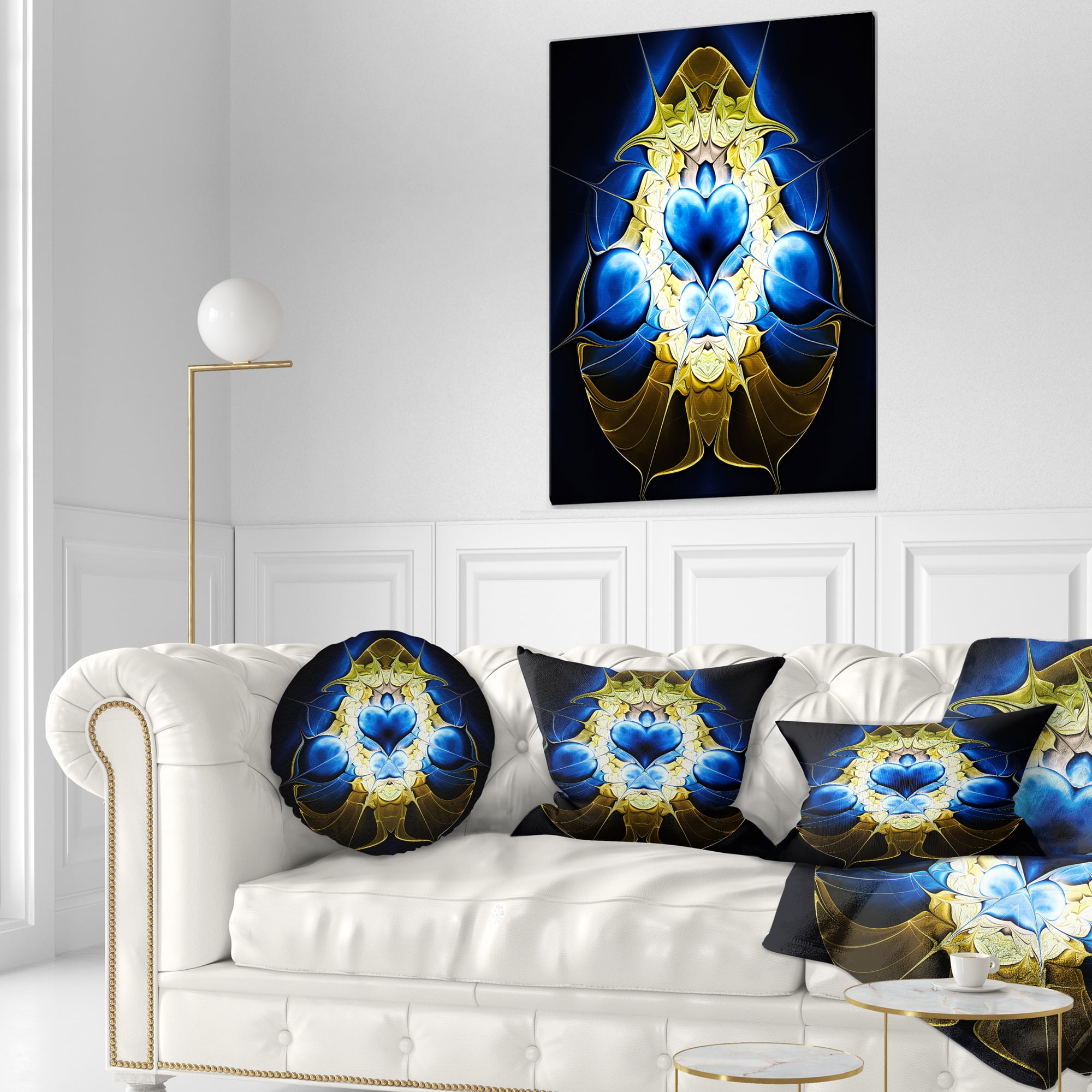 Designart Large Blue Gold Symmetrical Fractal Heart - Abstract Throw Pillow - 12x20