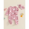 thumbnail image 2 of Suealasg Infant Girls Fall One Piece Bodysuits 3 6 12 Months Baby Girls Rompers Newborn Girls Long Sleeve Crew Neck Frills Zipped Floral Footies Jumpsuit and Headband, 2 of 7