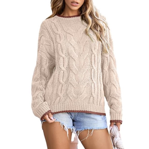 Eytino Sweaters for Women Cable Knit Chunky Pullover Sweater Casual Crewneck Long Sleeve Color Block Sweater Tops Beige Size M