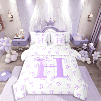 Castle Fairy Personalized Initial Girl 7-Piece Twin Bedding Sets,Kawaii Bowknot Bedding Comforter Set,Purple White Breathable Sheet Sets,Microfiber Bedroom Decor
