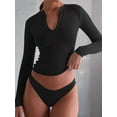 thumbnail image 3 of Quarter Zip V Neck Long Sleeve Cropped Top Going Out Tops for Womens Fall Fashion 2025 Black XL, 3 of 6