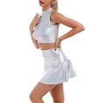 thumbnail image 6 of Women's 2Piece Metallic Outfit Shiny Off Shoulder Crop Top + Silver Mini Skirt Dress Alien Costume Rave Clubwear XL Holographic Silver - Turtleneck, 6 of 8