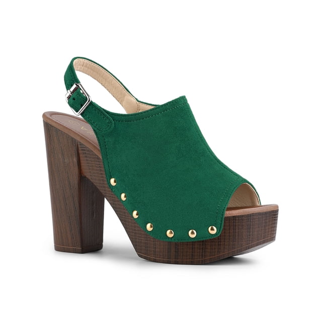 BLISSFUL STEP Women's Shoes Chunky Heel Buckle Slingback Chunky Platform Sandals Green 8