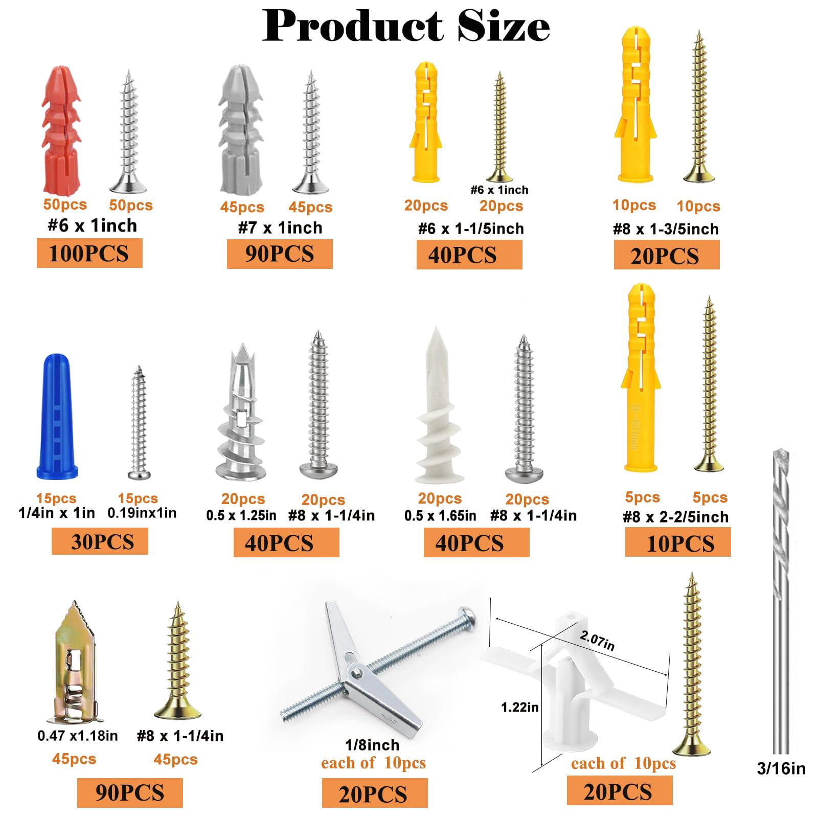 410 PCS Self Drilling Drywall Anchors with Screws Kit - 2 Sizes Sheetrock Anchors & 4 Sizes Zinc Expansion Screws,2025 Upgraded Zinc Plated Steel,No Drill Needed, Holds Up to 66LB on Walls