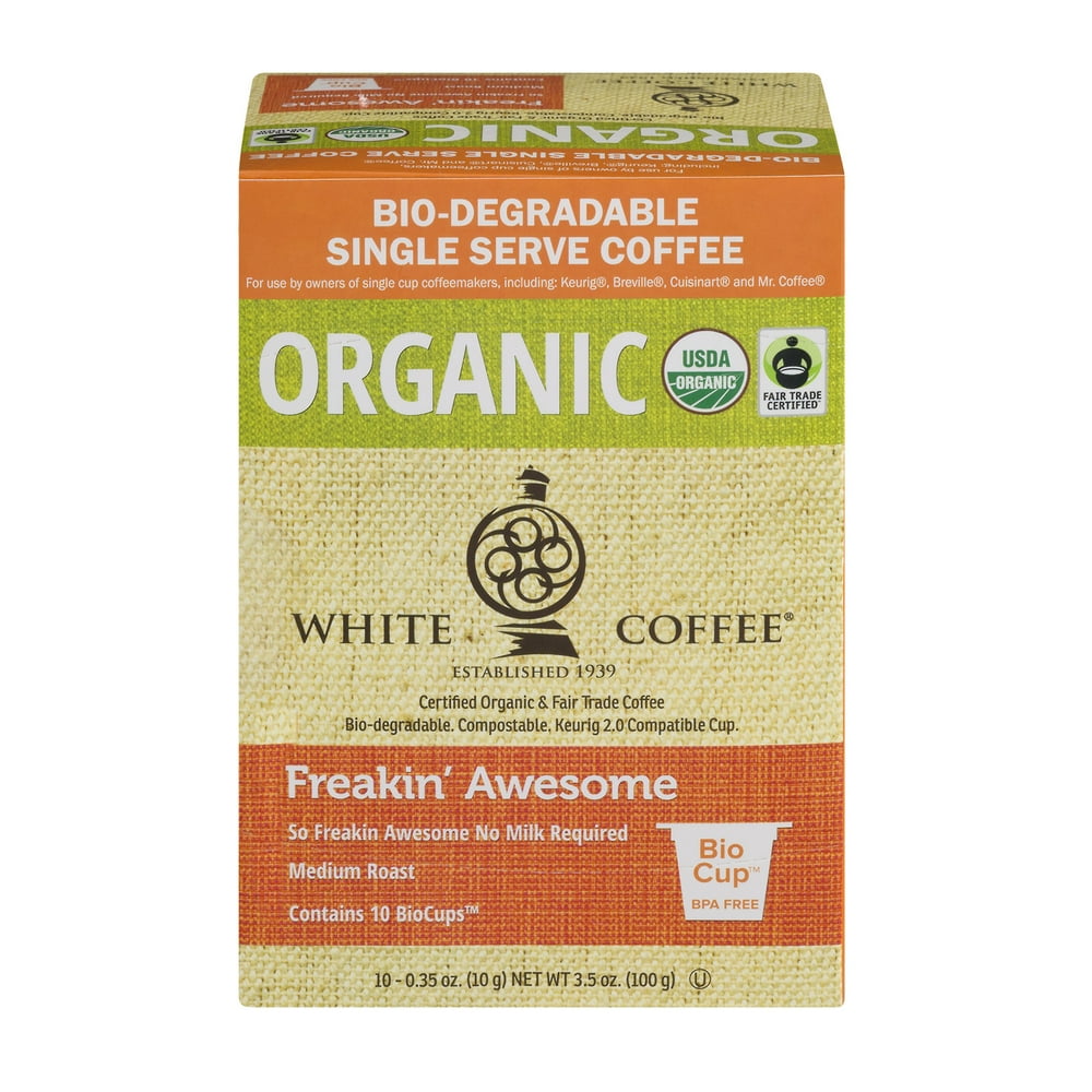 White Coffee Fair Trade Freakin' Awesome Organic Coffee Pods, 10 Count