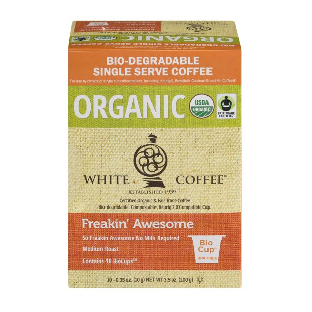 White Coffee Fair Trade Freakin' Awesome Organic Coffee Pods, 10 Count
