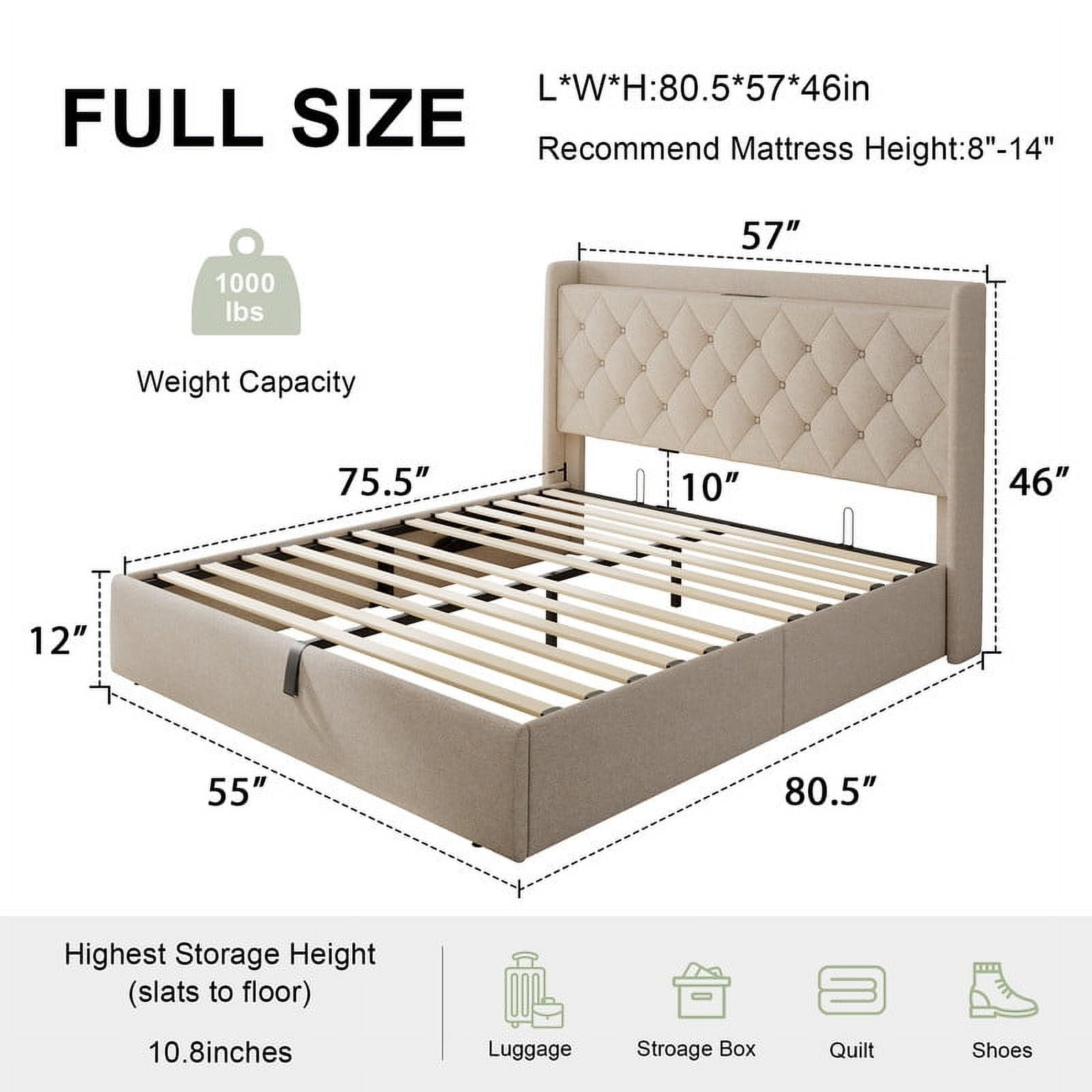 iPormis Full Size Bed Frame with Lift Up Storage & Charging Station, Button Tufted Wingback Upholstered Headboard, Beige