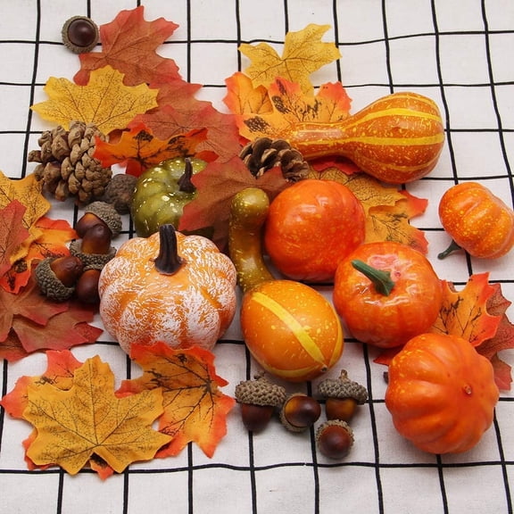 50Pcs Realistic Fall Pumpkin Decorations Set,Mini Pumpkin Decor with Maple Leaves, Pine Cones, Acorns,Thanksgiving Decor Indoor for Home Farmhouse Harvest Thanksgiving Halloween Party Table Decor