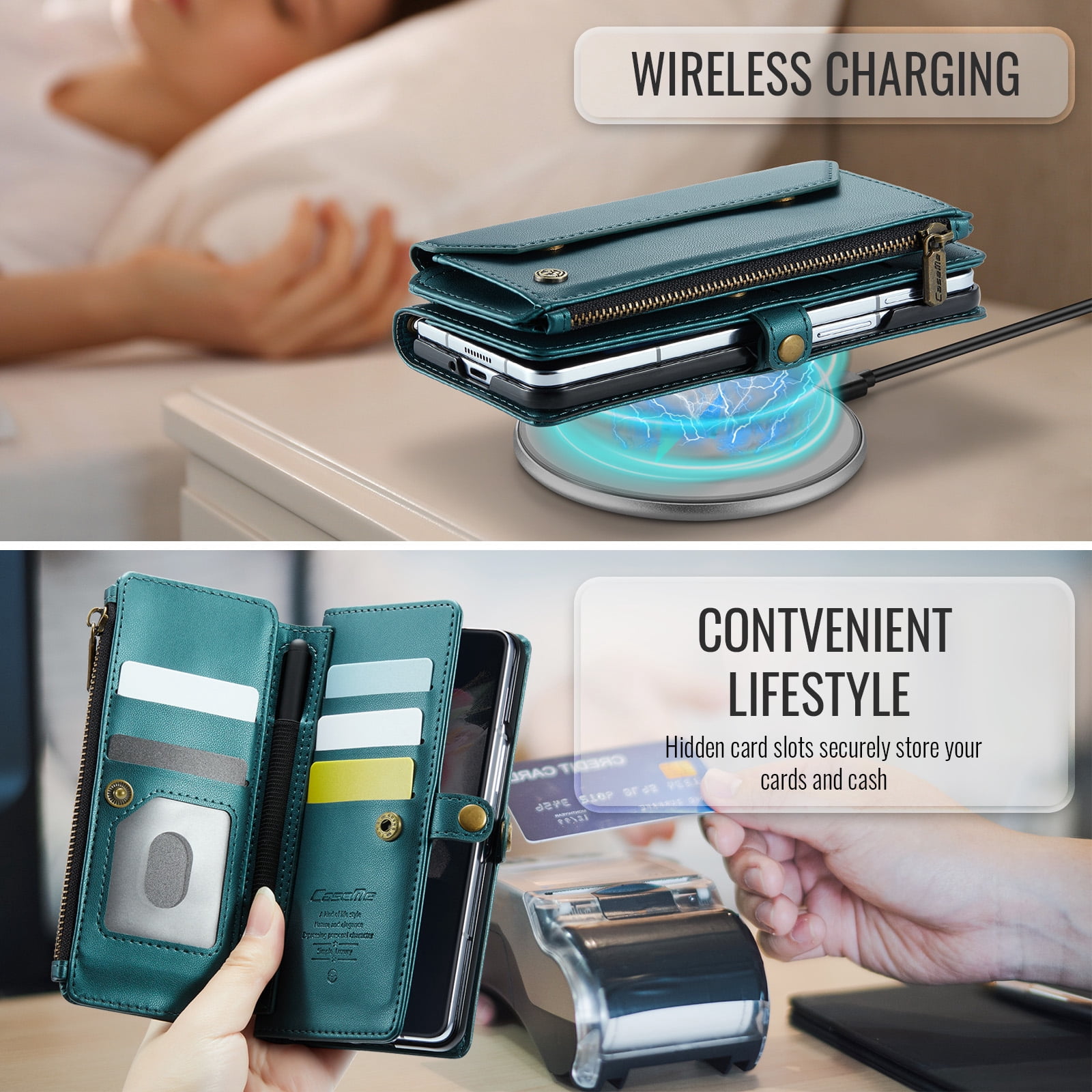 Dteck for Samsung Galaxy Z Fold 6 Case with RFID Blocking Wallet Case for Women Men, Shockproof PU Leather Magnetic Flip Strap Zipper Card Holder Phone Case,Green