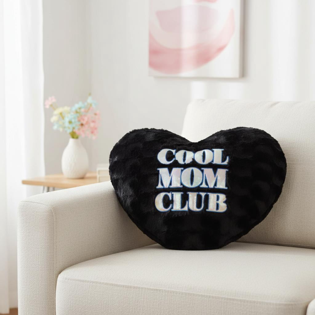 Large Cool Mom Club Plush Heart Pillow, Black, 19