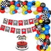 Race Car Balloon Garland Kit Blue Birthday Party Decorations Happy Birthday Banner Checkered Flags Cake Topper for Boy Racing Car 1st 2nd 3rd Birthday Party