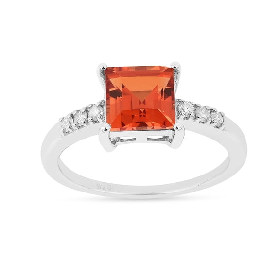 Fine Color Jewels Square Pink Orange Lab Grown Sapphire Ring 925 Sterling Silver 1.56 Ct Moissanite Accent for Women