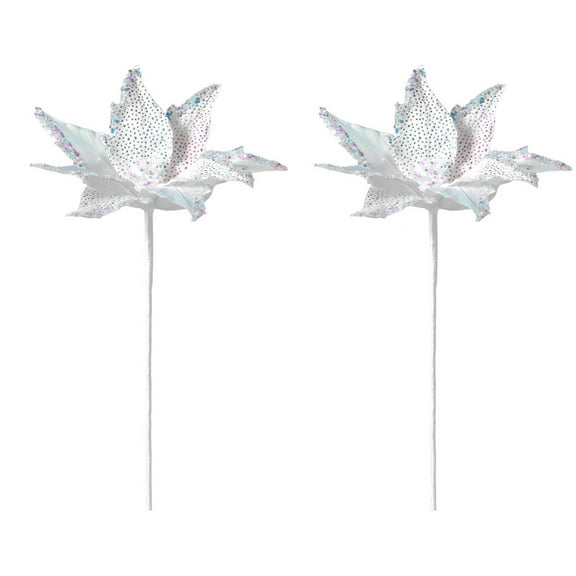CuiLiyq 2 Pcs Glitter Poinsettia White Artificial Flowers, Christmas Flower Decorations with Stalk, Xmas Tree Ornaments for Home Holiday Wedding Party (White)