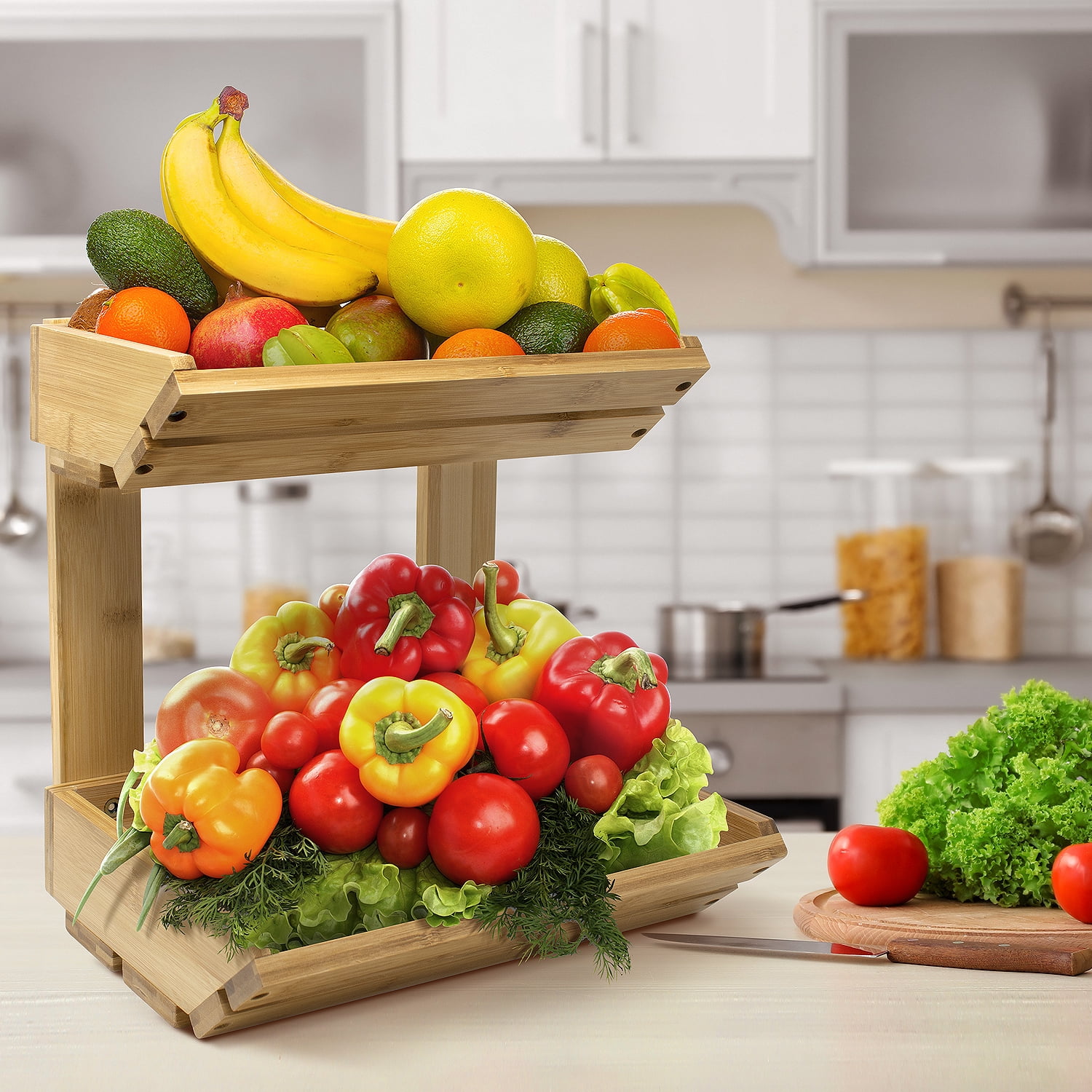 Sorbus Bamboo Fruit Vegetable Basket Kitchen Counter Stand 2 Tier Rack, Home Storage Tiered Bowl Display Tray Holder for Bread, Fruit, Vegetables & Snacks
