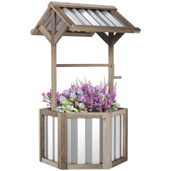 Wooden Wishing Well Planter, Raised Garden Bed with Galvanized Canopy, Hexagon Raised Flower Bed for Garden, Light Gray