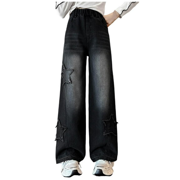 QBABYOO Jeans for Girls Wide Leg Ripped High Elastic Waisted Denim Pants with Pockets Girls Baggy Jeans Cute Y2K Trendy Tween Streetwear, Black 10-11Y
