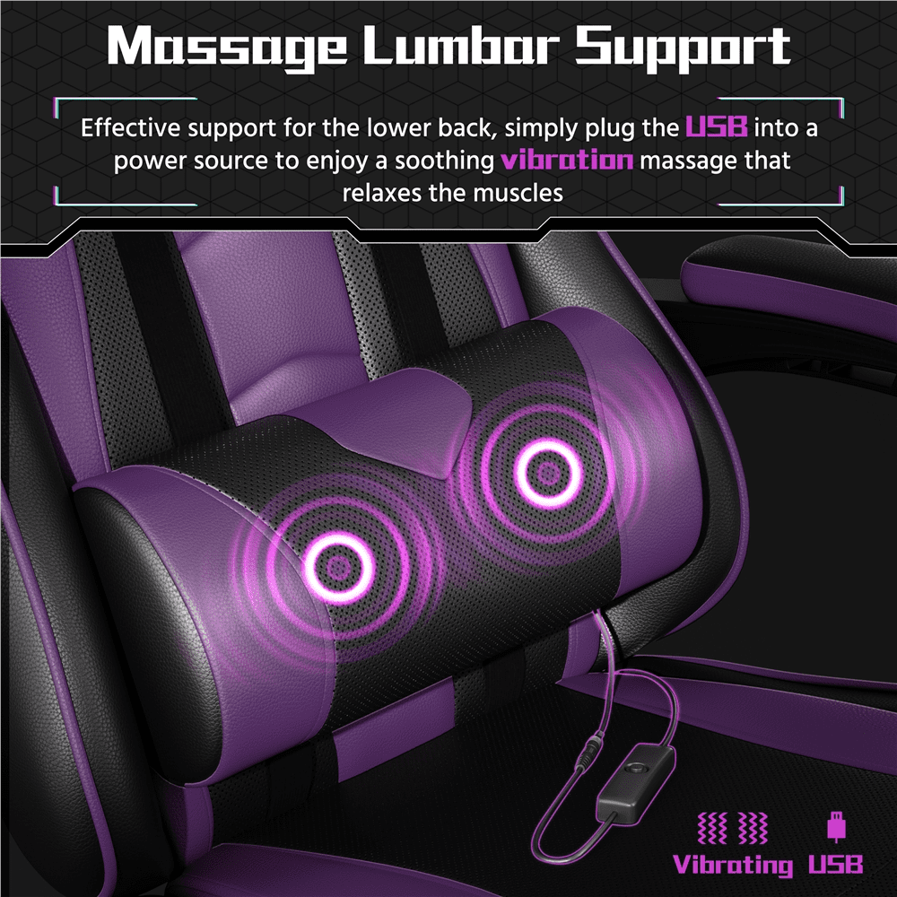 Alden Design High Back Reclining Ergonomic Gaming Chair with Slide Out Footrest, Black/Purple
