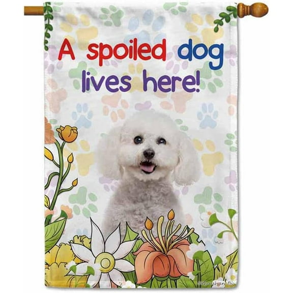 A Spoiled Dog Lives Here Flowers Spring Summer Garden Flag Bichon Frise Paws Home Decor Banner for Outside Yard 28 X 40 Inch Double Side