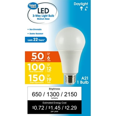 Great Value A19 LED Daylight White 3-Way E26 Medium Base Light Bulb