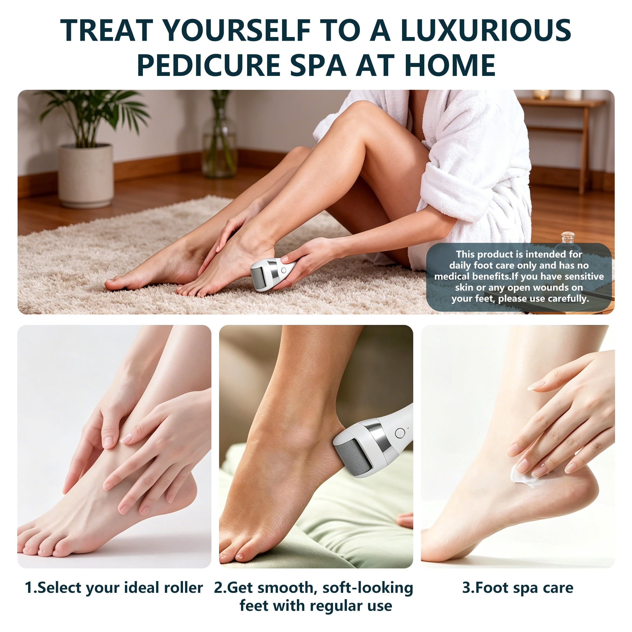 Electric Foot File USB Rechargeable Pedicure Tool for Adults, Portable Foot Grooming Device, White