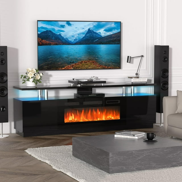 GloryStar Meuble Télé à 2 Niveaux pour Télé de 80 Pouces, Insert de Foyer Électrique de 36 Pouces, Lumières DEL et Armoire de Rangement à Double Porte