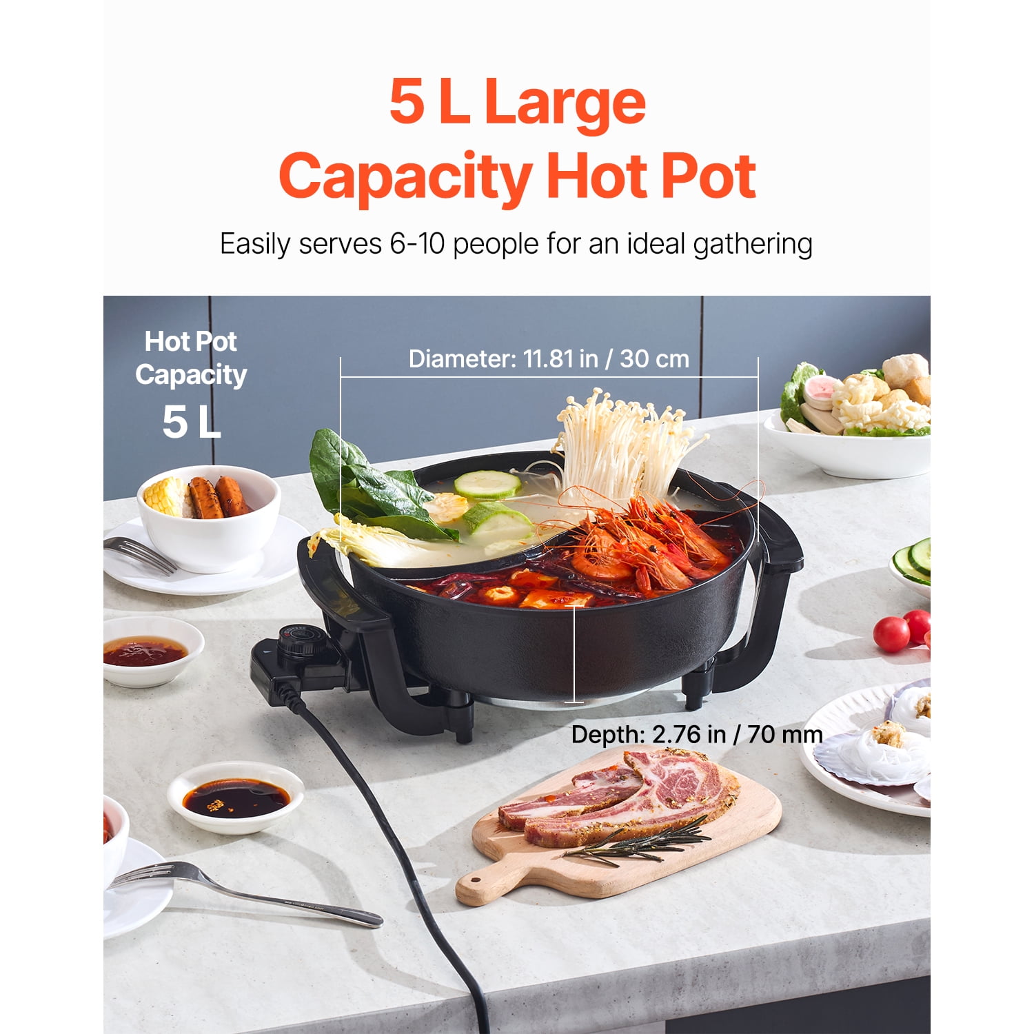 KFFKFF 1360W 5L Electric Hot Pot 5L Electric Cooker Multifunctional Pot Non-Stick Shabu-shabu Hot Pot with Divider Double-Sided Shabu Hot Pot with Tempered Glass Lid