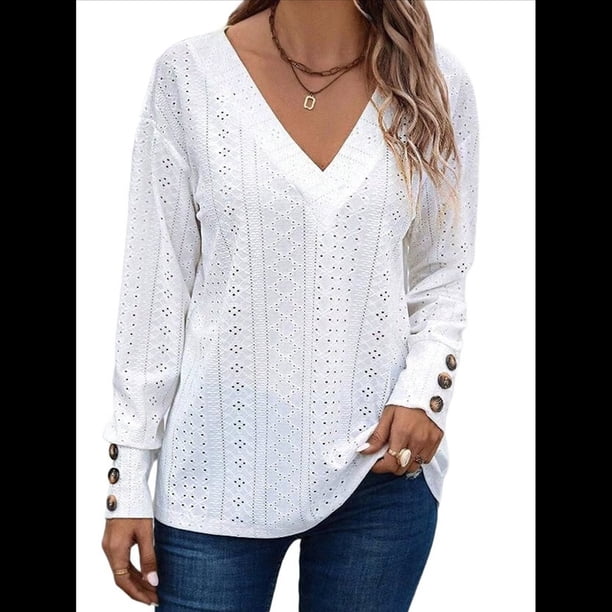 Blusas Elegantes e Informales para Mujer, con Cuello en V, Larga, Botones, Encaje Calado y Bordado. L