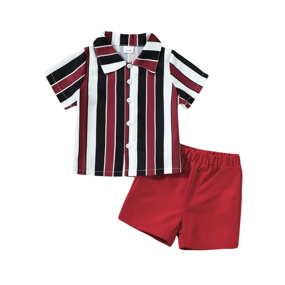 KIMI BEAR 2T Toddler Boys Summer Outfits 3T Toddler Boys Clothes Sets Striped Print Shirt Top Button Front Top Solid Color Shorts Set 2pcs Clothing Red