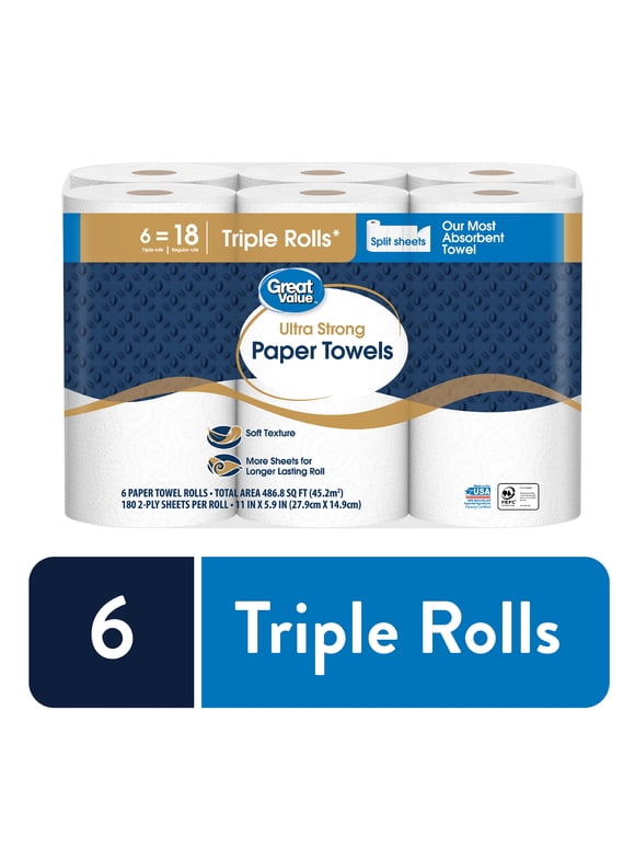 Great Value Ultra Strong Paper Towels, Split Sheets, 6 Triple Rolls
