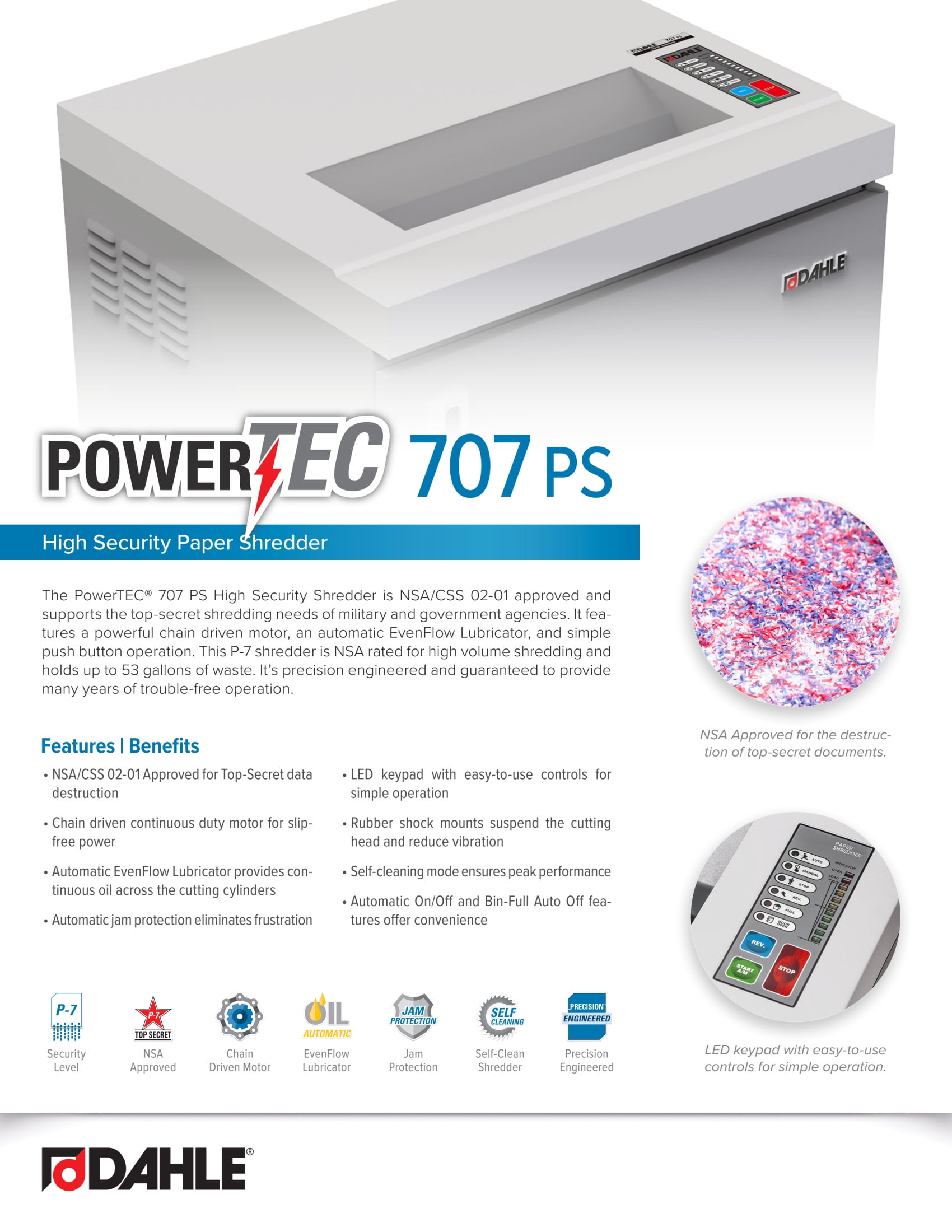 Dahle PowerTEC 707 PS High Security Paper Shredder for Top-Secret Documents, Auto Oiler, Level P-7
