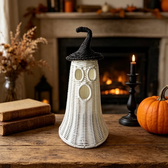 Woven Rattan Ghost Witch Hat Lamp, Halloween Rattan Ghost Lantern, Farmhouse Ghost Decor Light, Vintage Spooky Ghost Accent Halloween Decorations as Fall Holiday Gift Ornament for Indoor Home Party