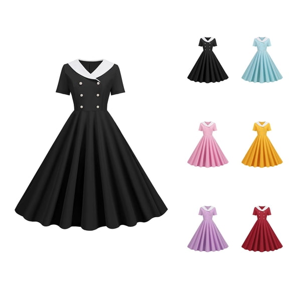 Vintage 50s Cocktail Flowy Dresses for Women Short Sleeve V Neck Double Breasted Lapel Collar A Line Prom Midi Dress