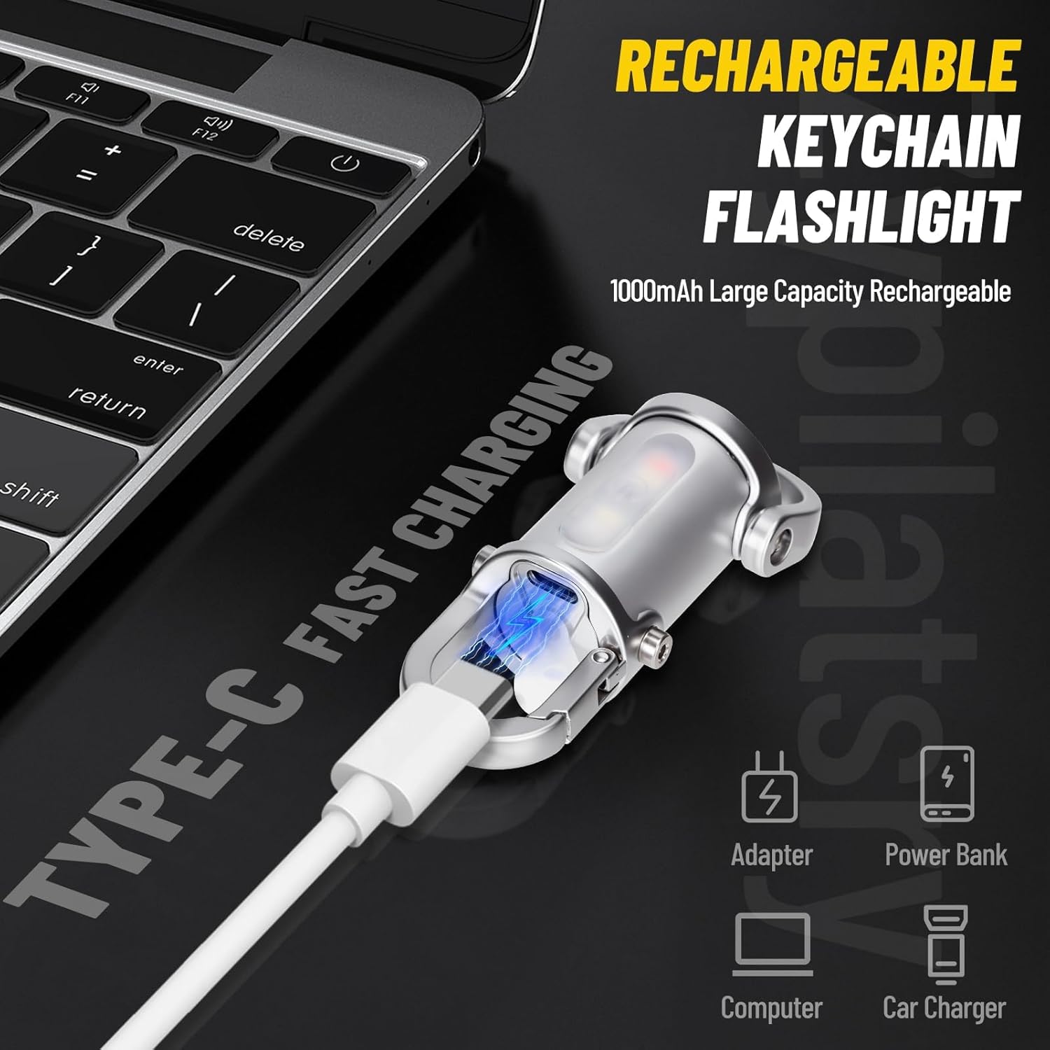 Portable Rechargeable Bright Keychain Flashlight Phone Charger, 2025 New Keychain LED Flashlight Rechargeable, 1200 Lumens Waterproof Mini Edc Compact Keychains Flashlight, 7 Modes Type-C (5)