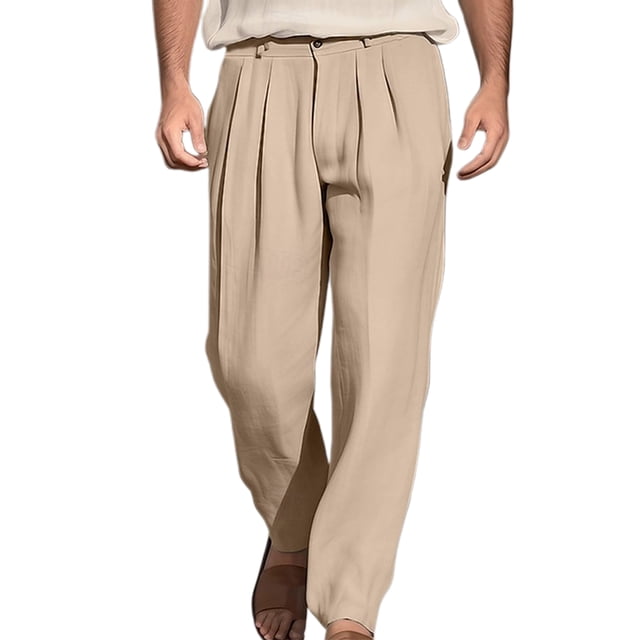 FOCUSNORM Men’s Wide Leg Pants Drawstring Mid Waist Pleated Front Long Pants Casual Beach Pants
