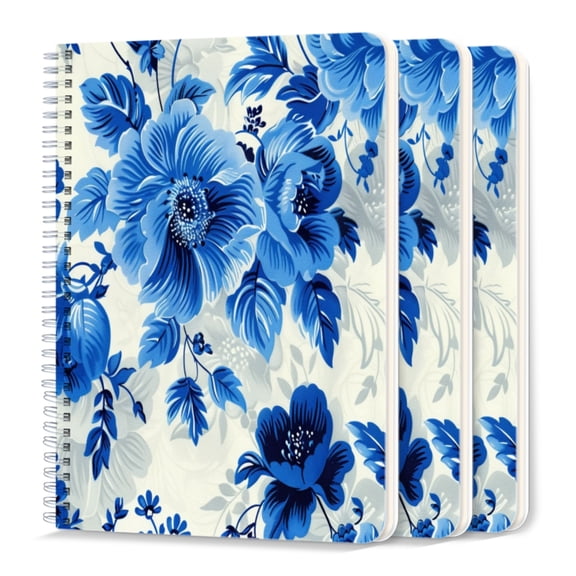 Spiral Notebook,College Ruled Journal,8.26" x 5.71" 50 Sheets/100 Pages,3 Pack - Blue And White Floral Pattern of Large Flowers Small Leaves